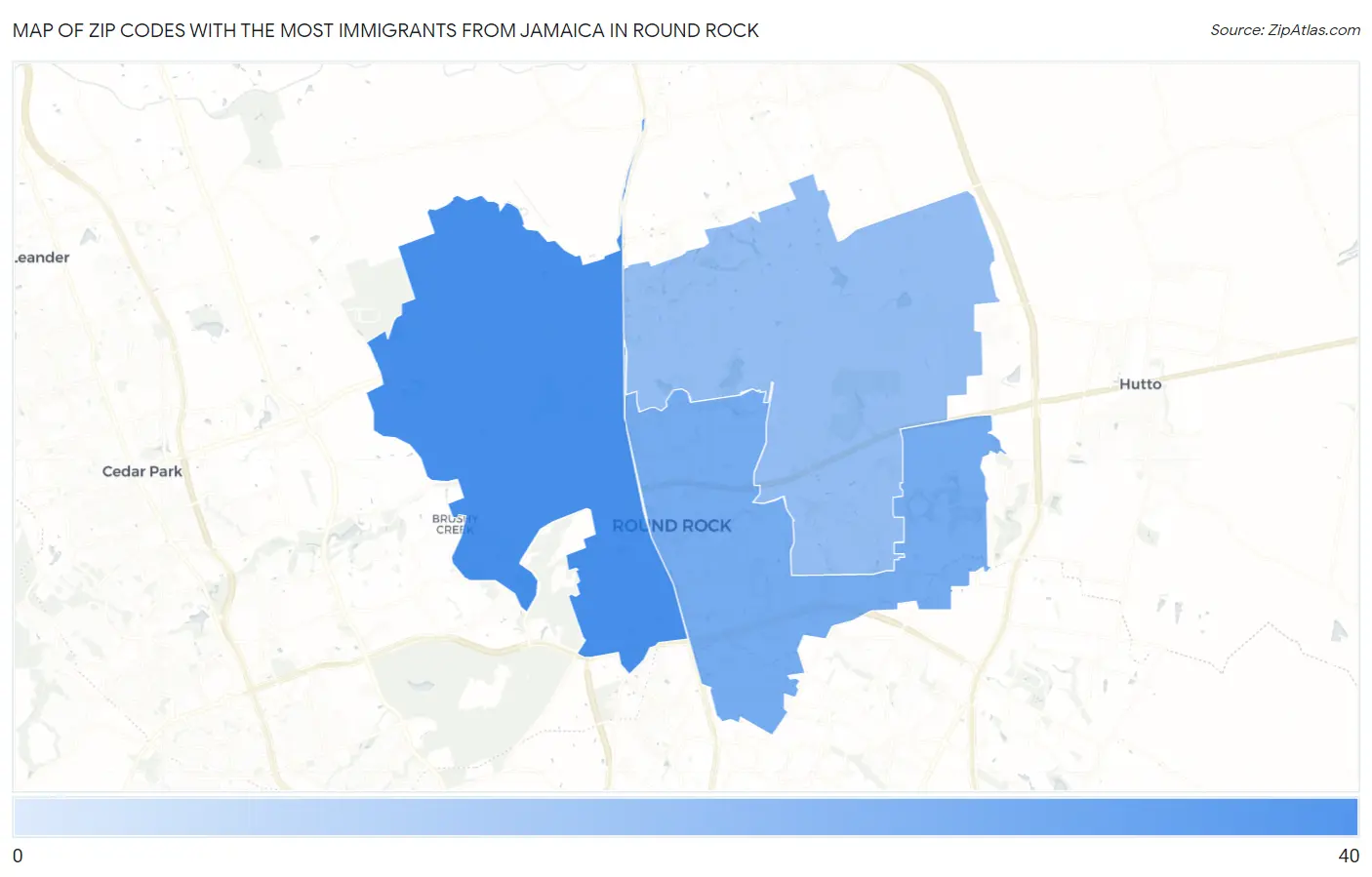 Zip Codes with the Most Immigrants from Jamaica in Round Rock Map