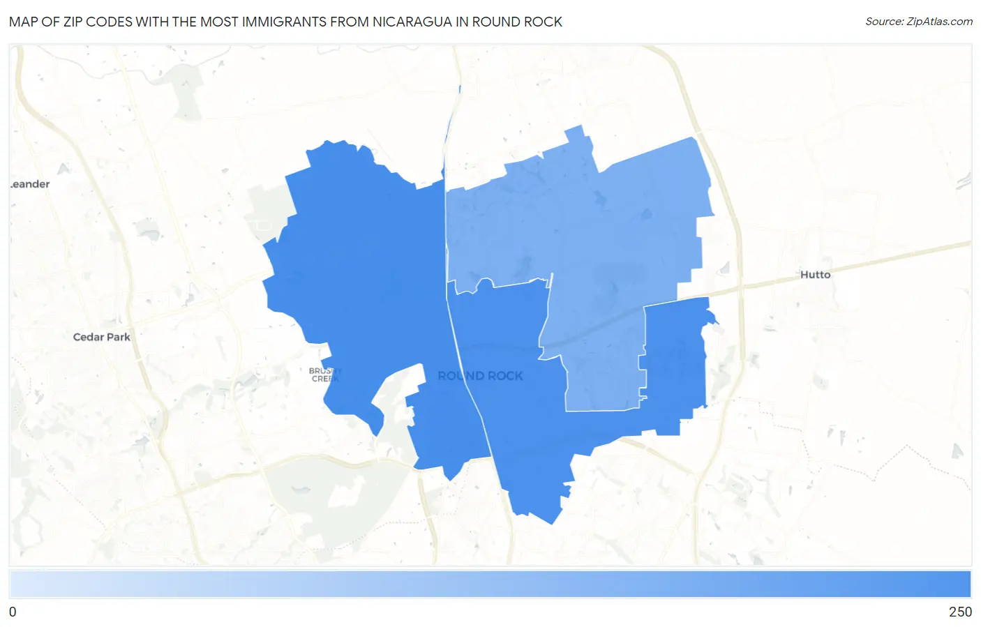 Zip Codes with the Most Immigrants from Nicaragua in Round Rock Map