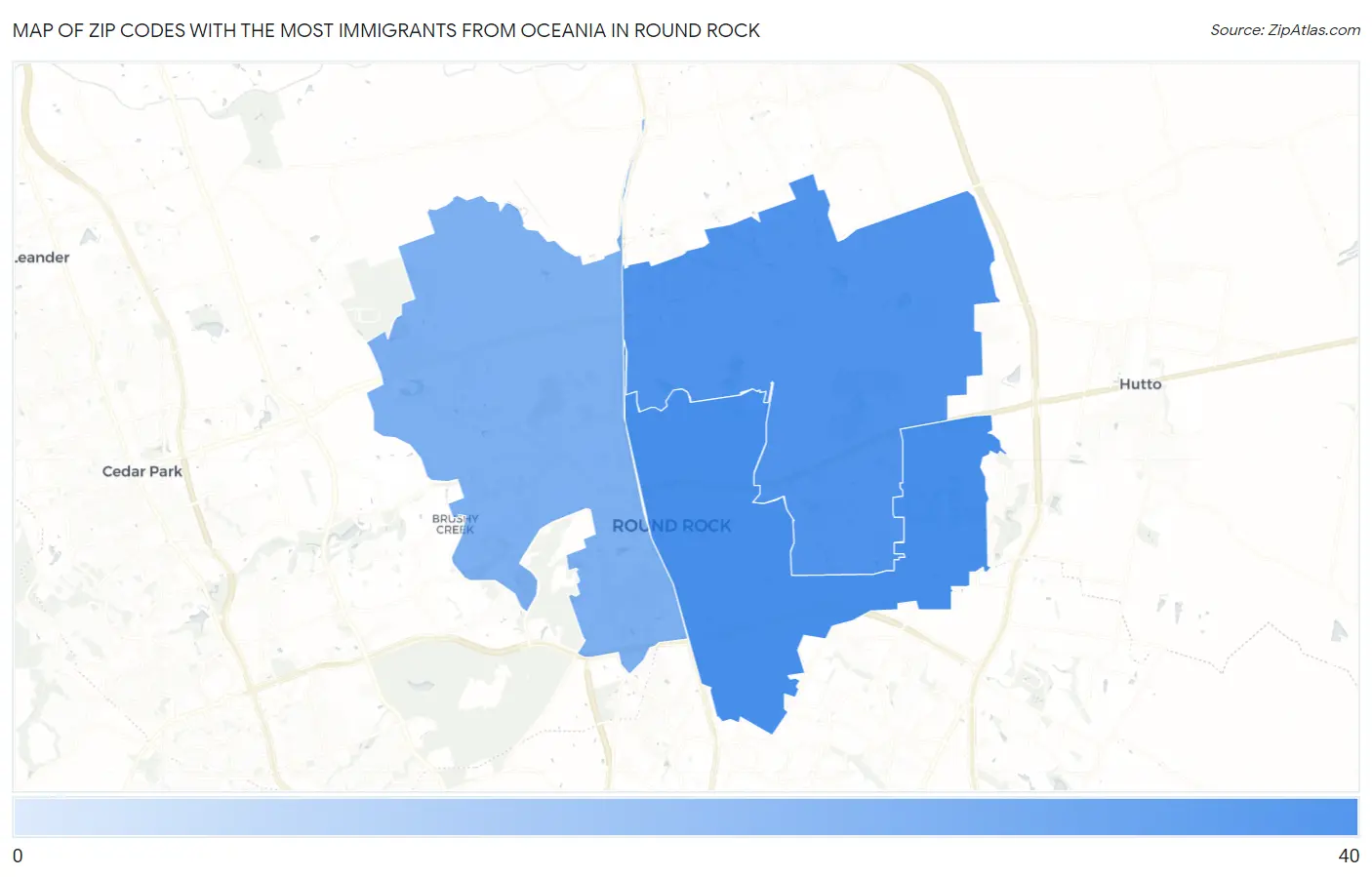 Zip Codes with the Most Immigrants from Oceania in Round Rock Map
