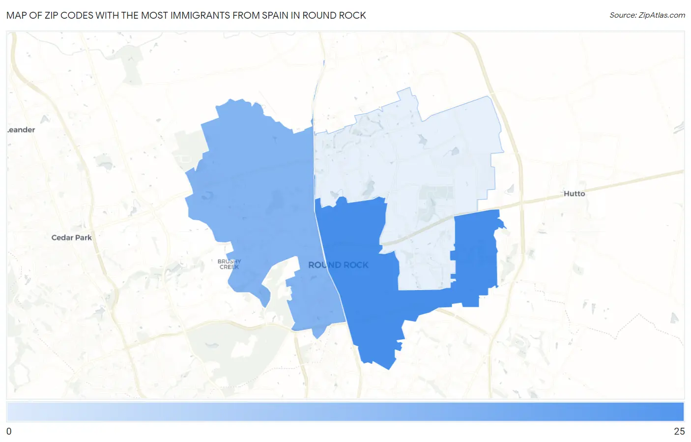 Zip Codes with the Most Immigrants from Spain in Round Rock Map