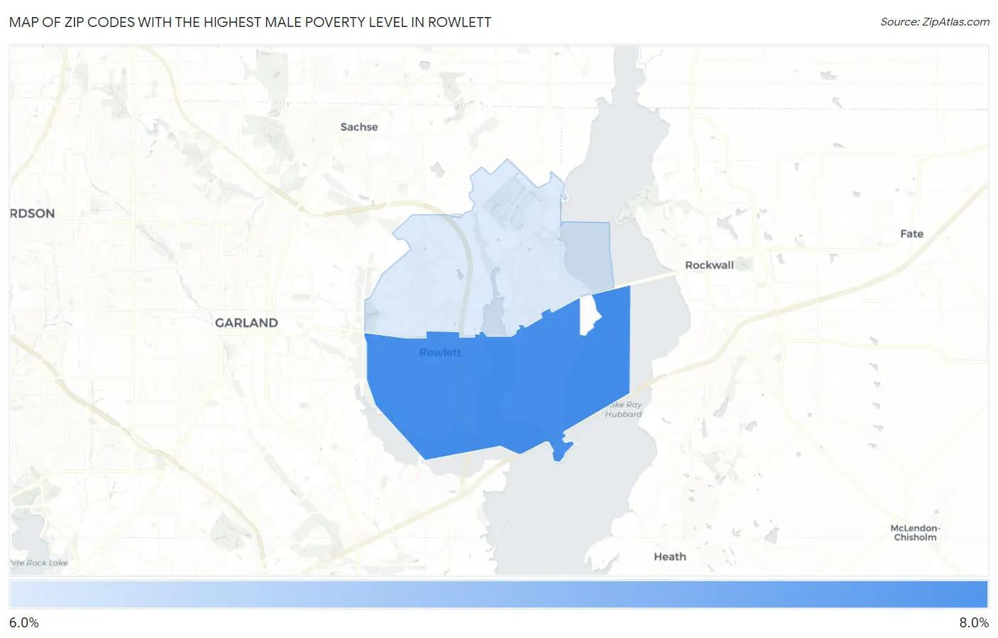 Zip Codes with the Highest Male Poverty Level in Rowlett Map