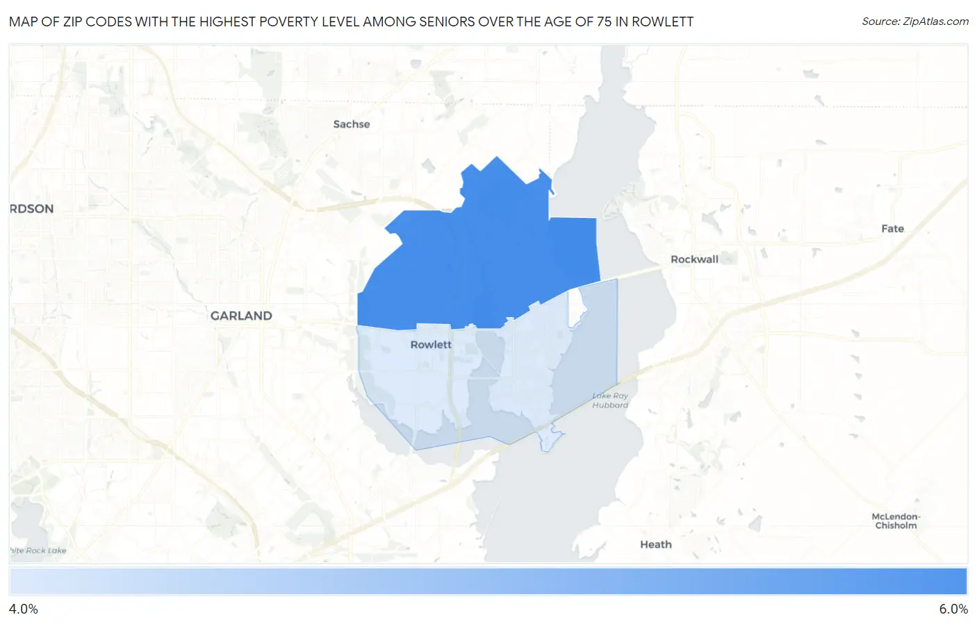 Zip Codes with the Highest Poverty Level Among Seniors Over the Age of 75 in Rowlett Map