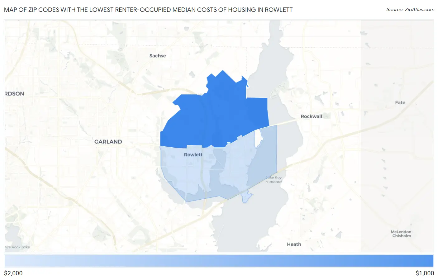 Zip Codes with the Lowest Renter-Occupied Median Costs of Housing in Rowlett Map