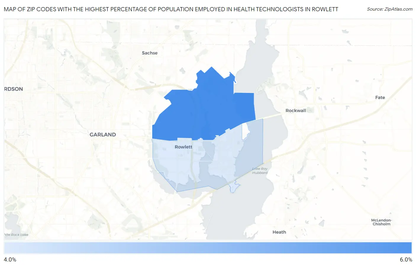Zip Codes with the Highest Percentage of Population Employed in Health Technologists in Rowlett Map