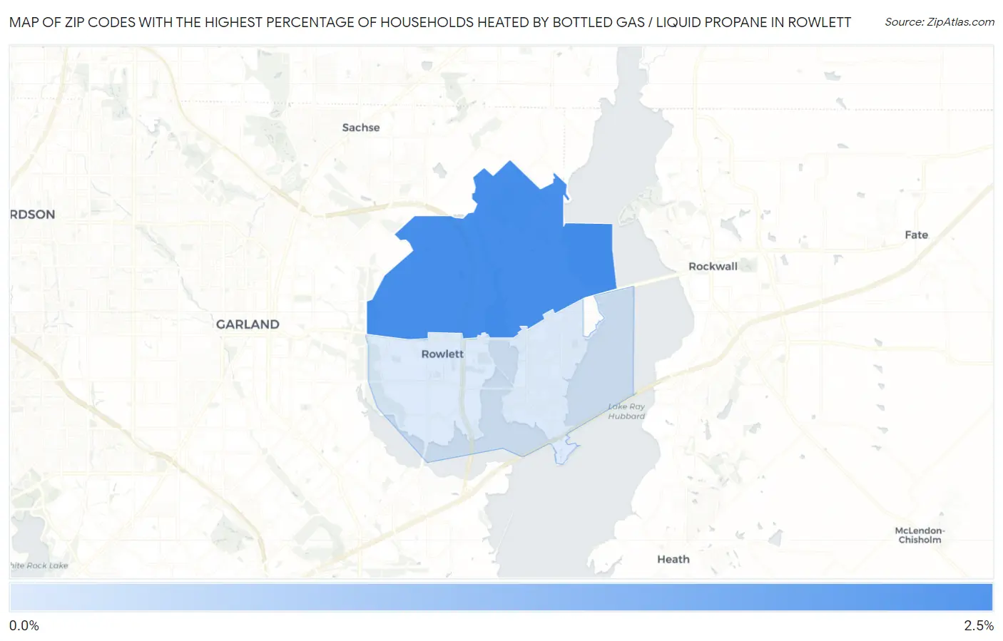 Zip Codes with the Highest Percentage of Households Heated by Bottled Gas / Liquid Propane in Rowlett Map