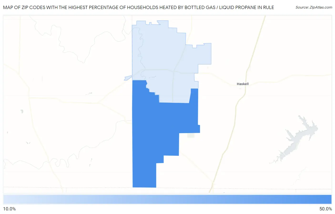 Zip Codes with the Highest Percentage of Households Heated by Bottled Gas / Liquid Propane in Rule Map
