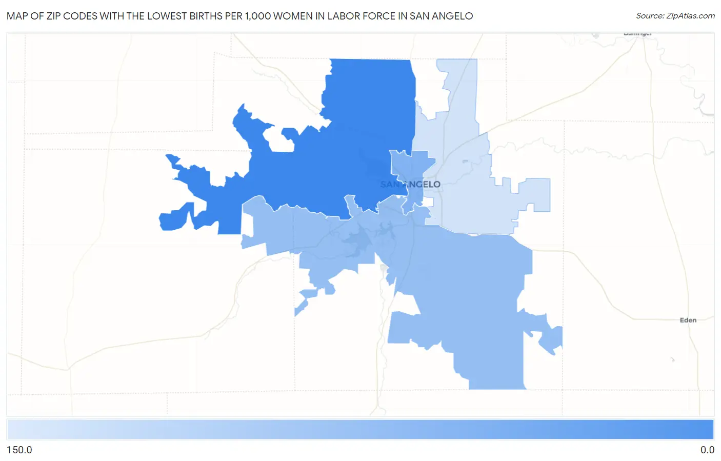 Zip Codes with the Lowest Births per 1,000 Women in Labor Force in San Angelo Map