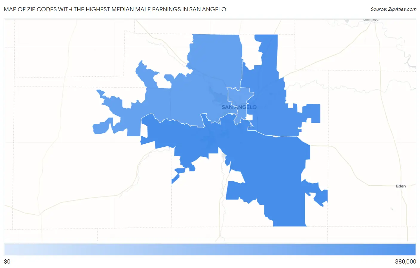 Zip Codes with the Highest Median Male Earnings in San Angelo Map