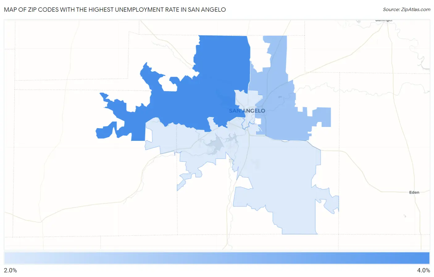 Zip Codes with the Highest Unemployment Rate in San Angelo Map