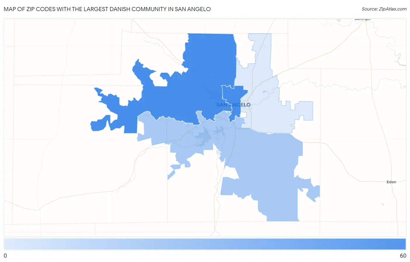 Zip Codes with the Largest Danish Community in San Angelo Map