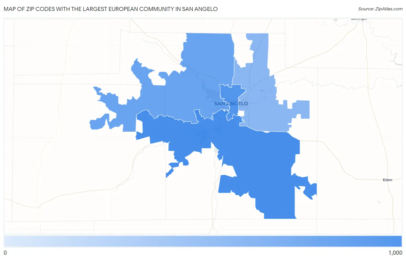 Zip Codes with the Largest European Community in San Angelo Map