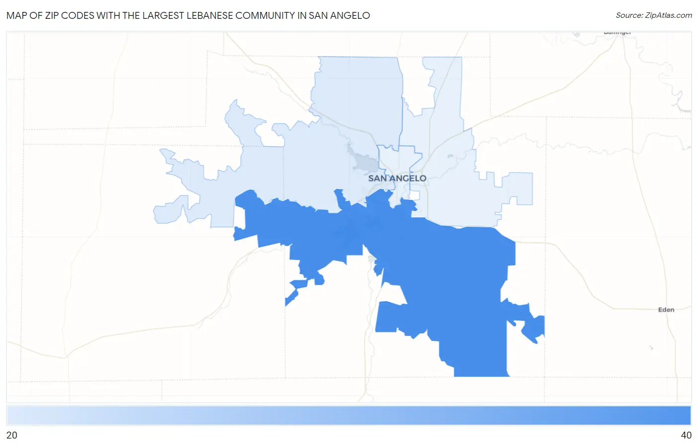 Zip Codes with the Largest Lebanese Community in San Angelo Map