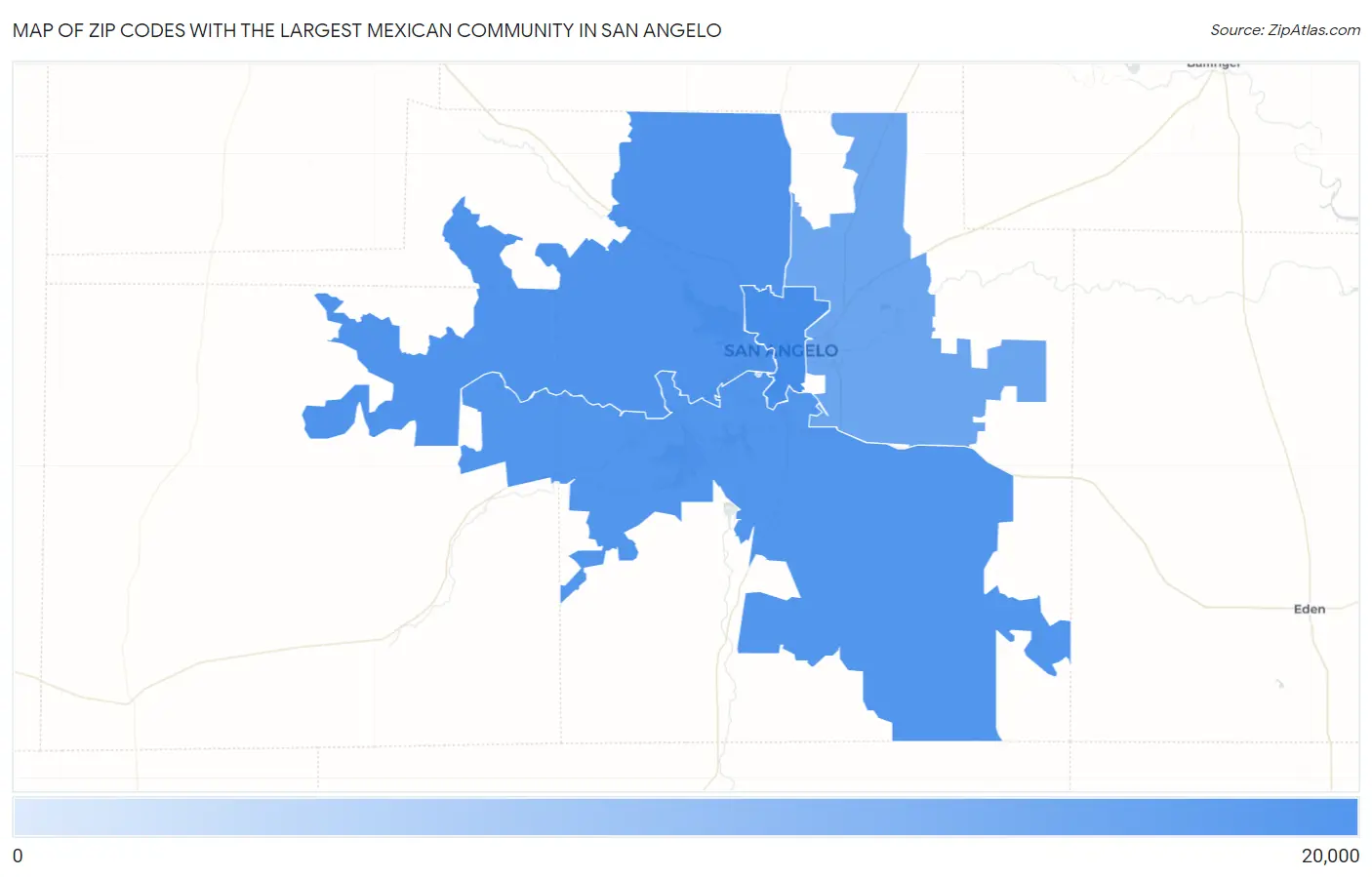 Zip Codes with the Largest Mexican Community in San Angelo Map