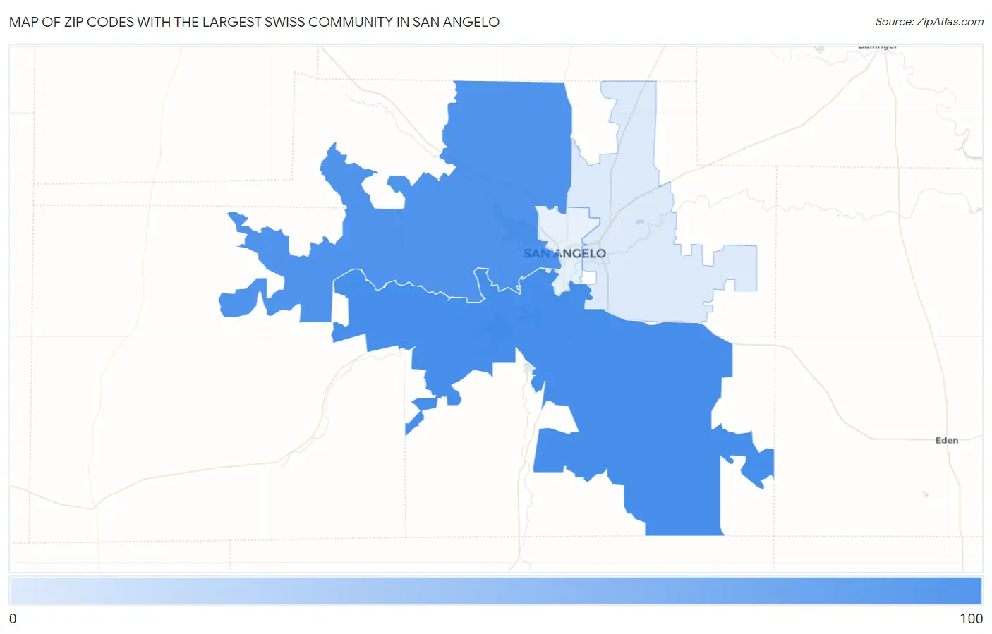Zip Codes with the Largest Swiss Community in San Angelo Map