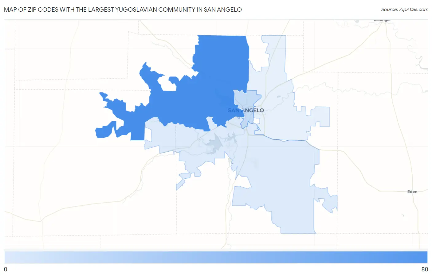 Zip Codes with the Largest Yugoslavian Community in San Angelo Map