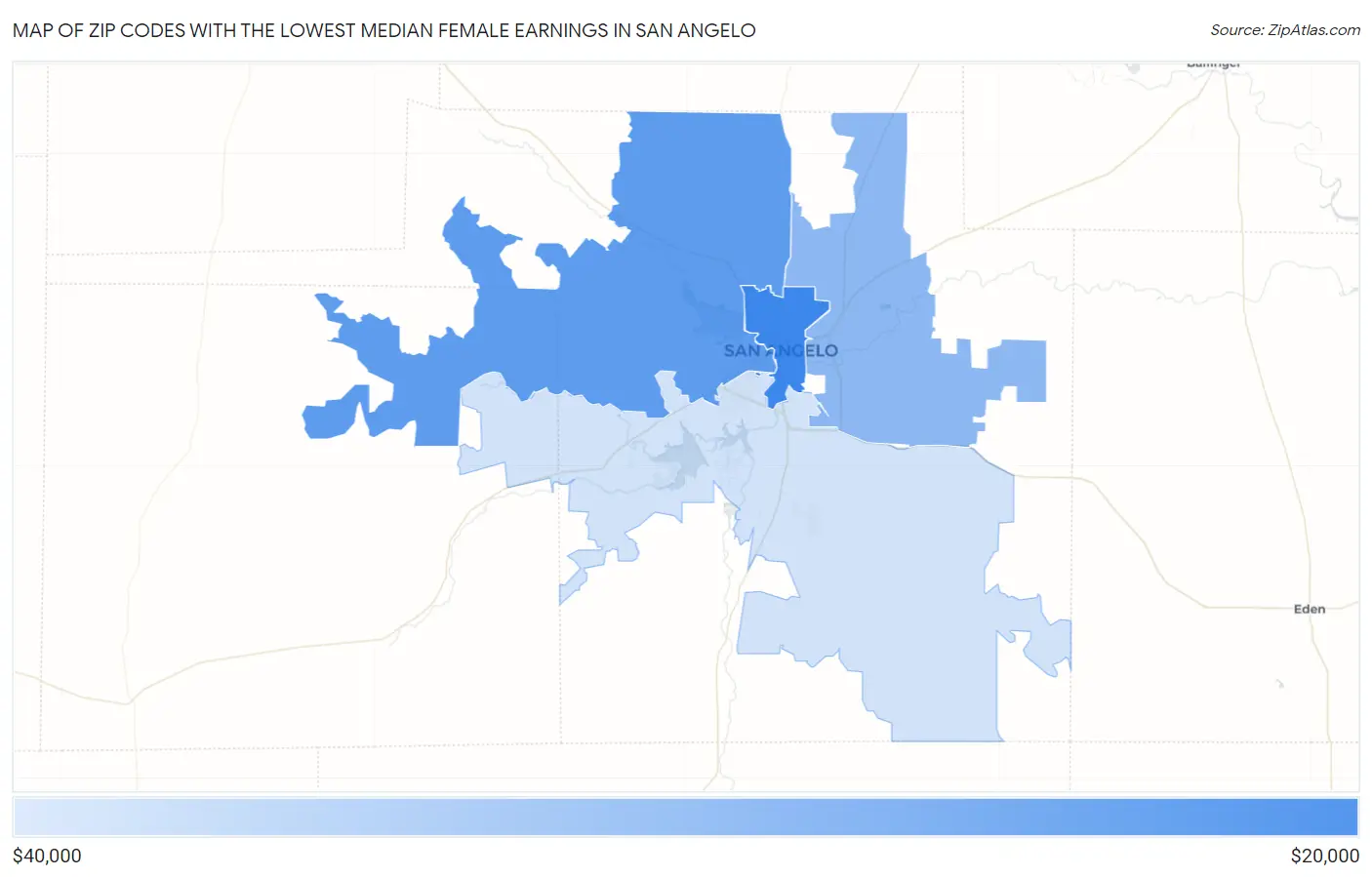 Zip Codes with the Lowest Median Female Earnings in San Angelo Map