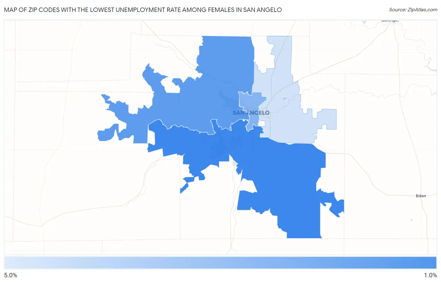 Zip Codes with the Lowest Unemployment Rate Among Females in San Angelo Map