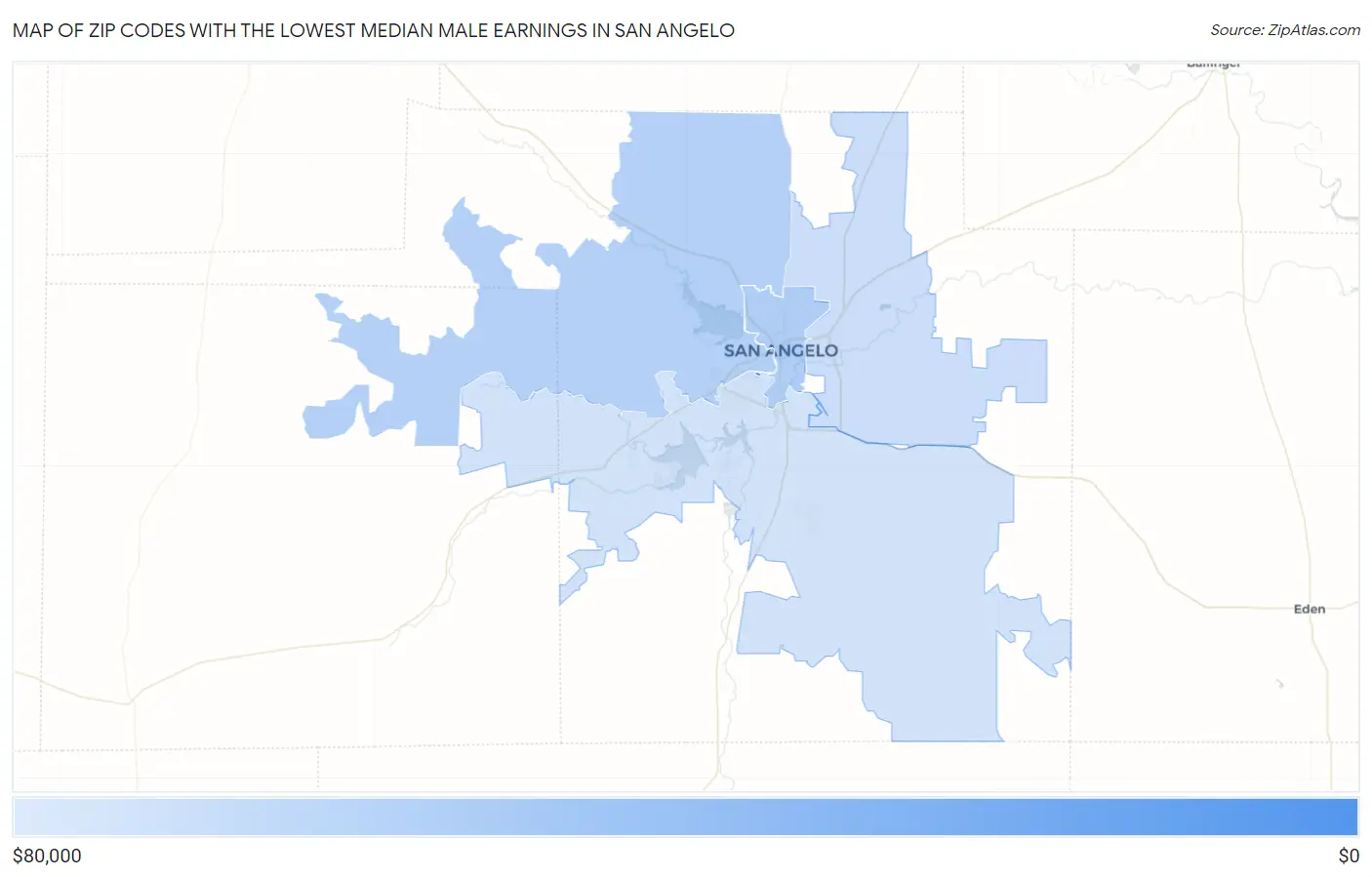 Zip Codes with the Lowest Median Male Earnings in San Angelo Map