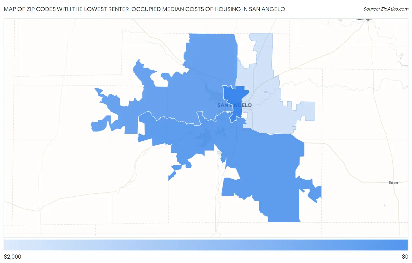 Zip Codes with the Lowest Renter-Occupied Median Costs of Housing in San Angelo Map