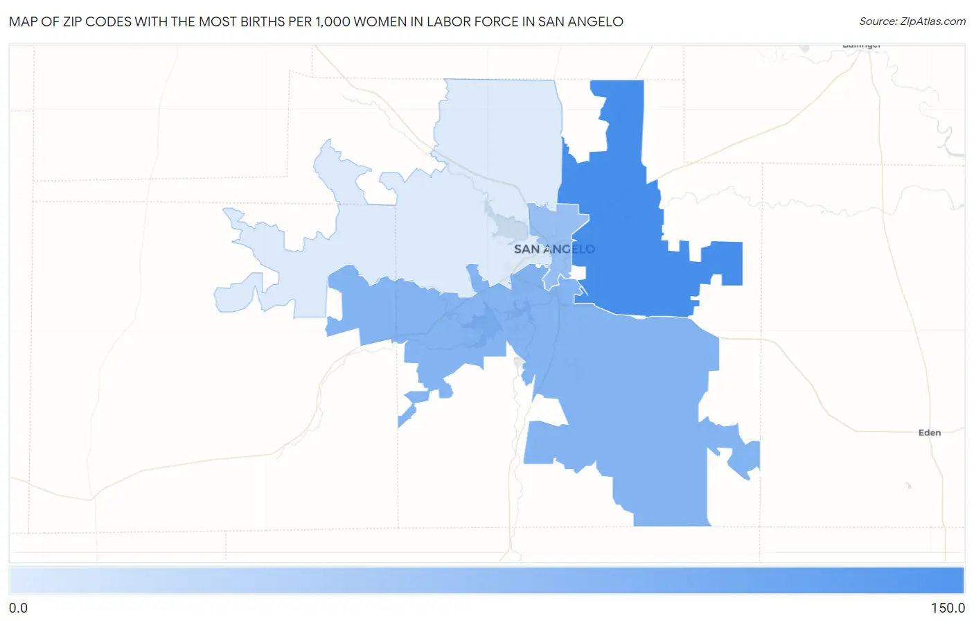 Zip Codes with the Most Births per 1,000 Women in Labor Force in San Angelo Map