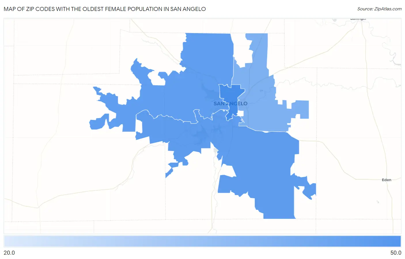 Zip Codes with the Oldest Female Population in San Angelo Map