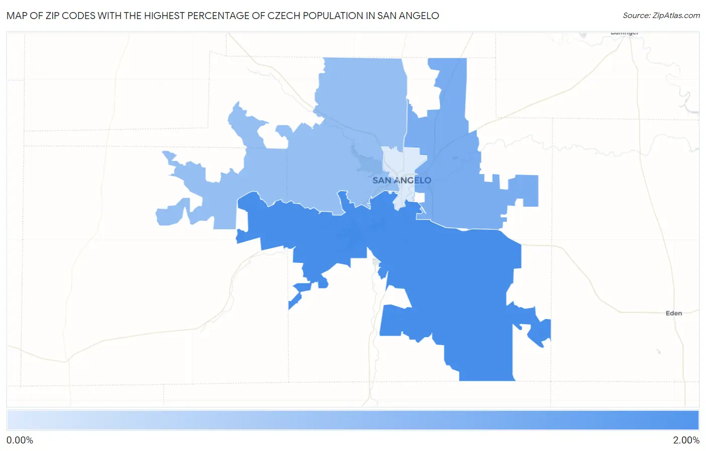 Zip Codes with the Highest Percentage of Czech Population in San Angelo Map