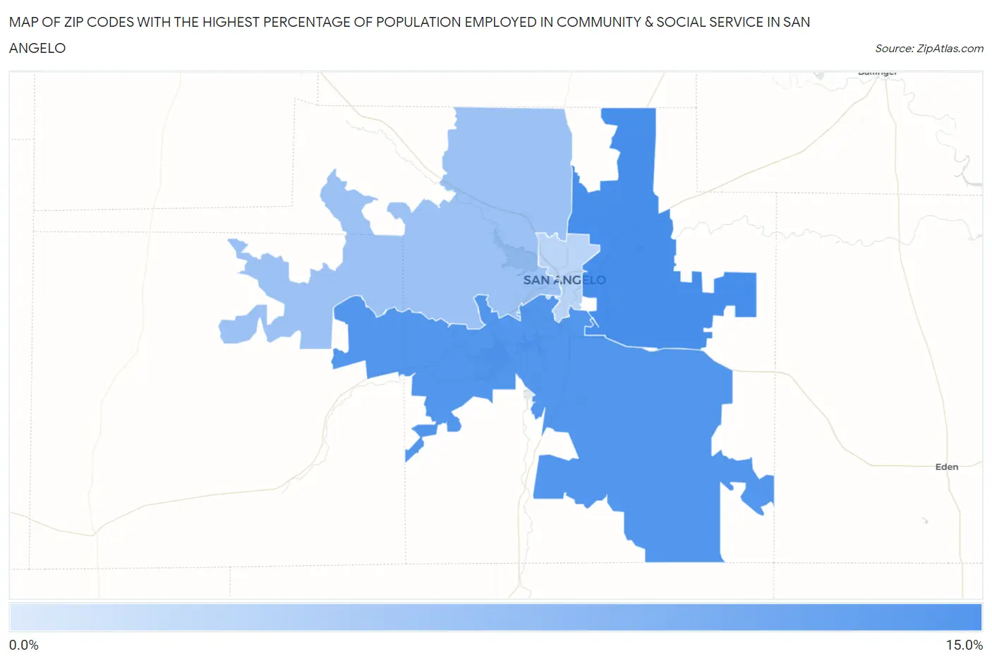 Zip Codes with the Highest Percentage of Population Employed in Community & Social Service  in San Angelo Map