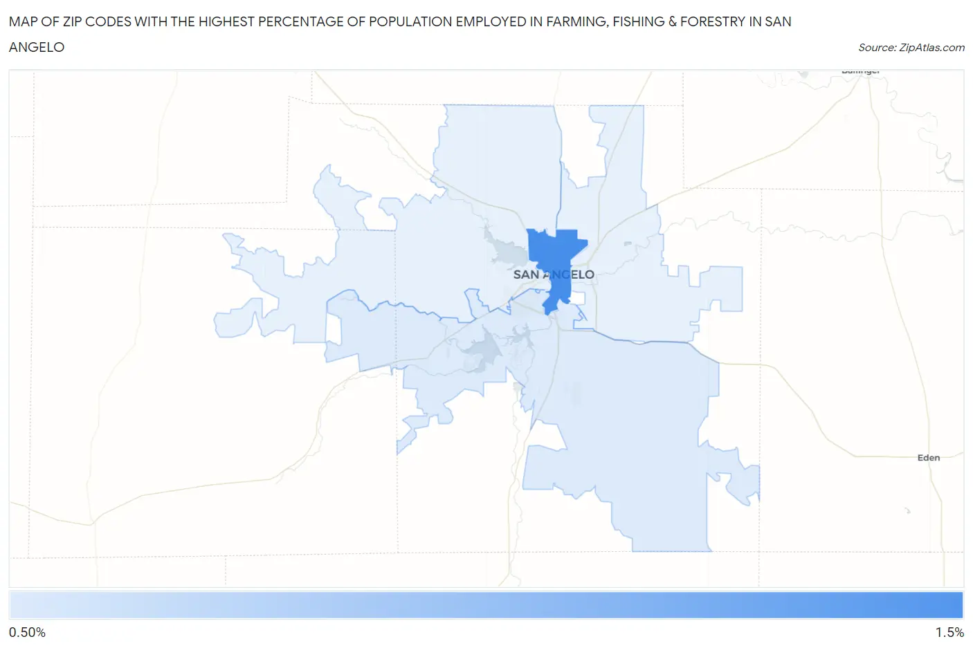 Zip Codes with the Highest Percentage of Population Employed in Farming, Fishing & Forestry in San Angelo Map