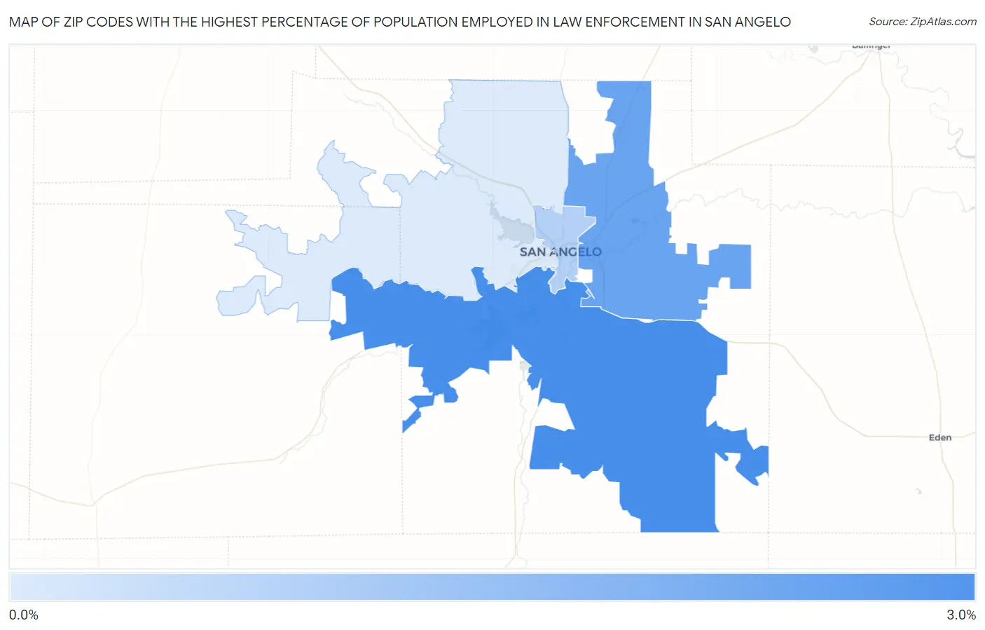Zip Codes with the Highest Percentage of Population Employed in Law Enforcement in San Angelo Map