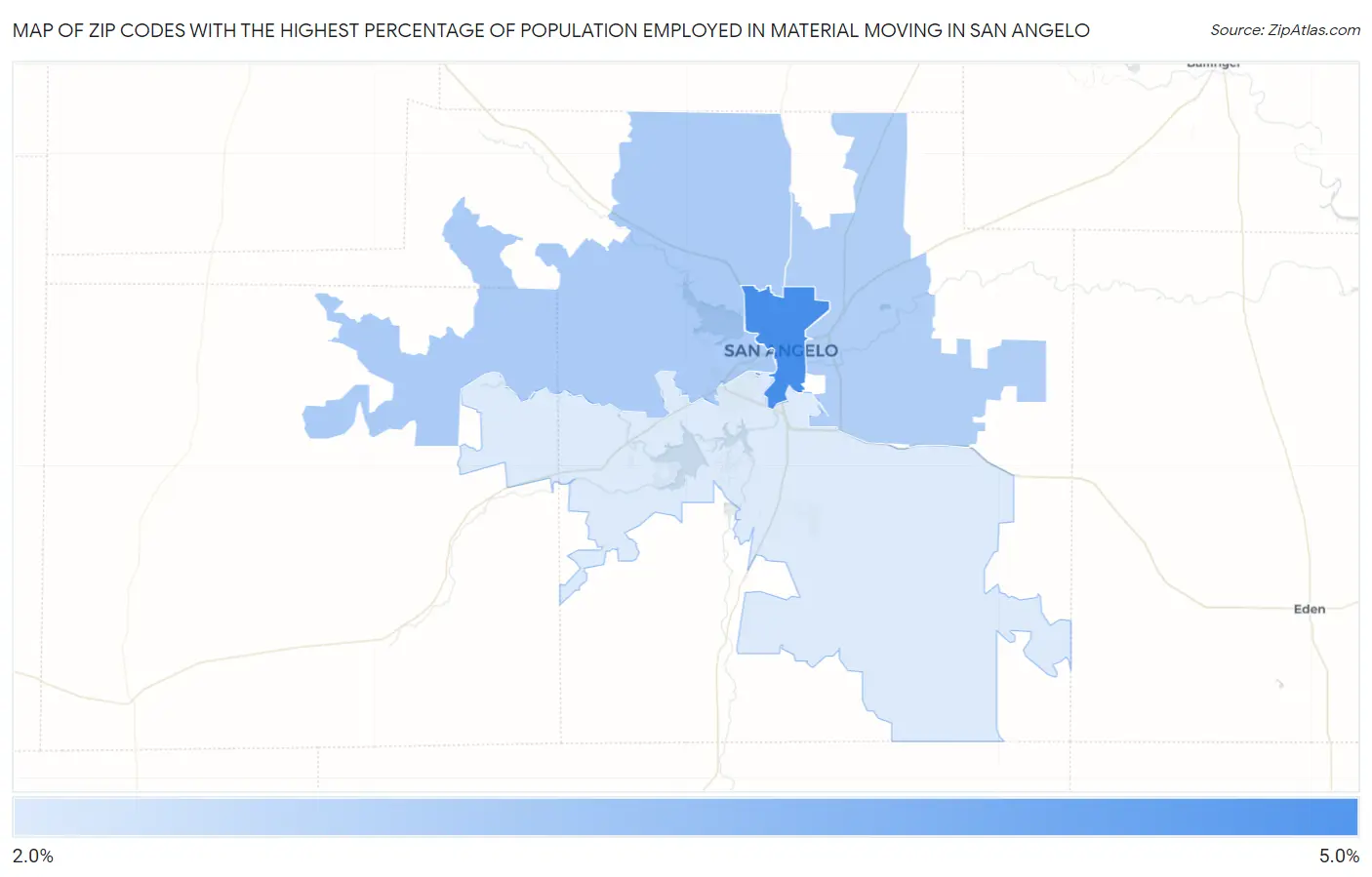 Zip Codes with the Highest Percentage of Population Employed in Material Moving in San Angelo Map