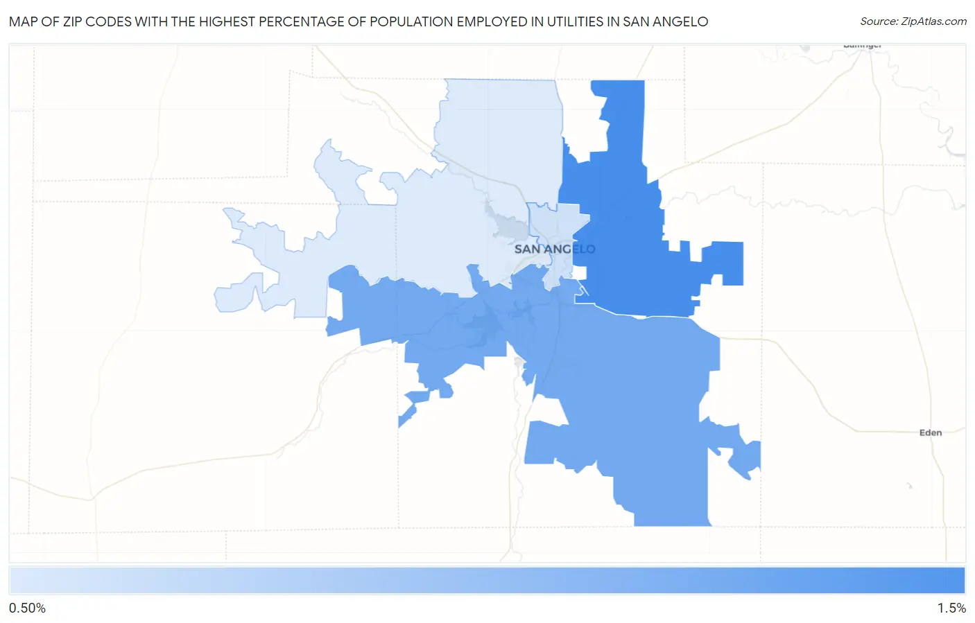 Zip Codes with the Highest Percentage of Population Employed in Utilities in San Angelo Map