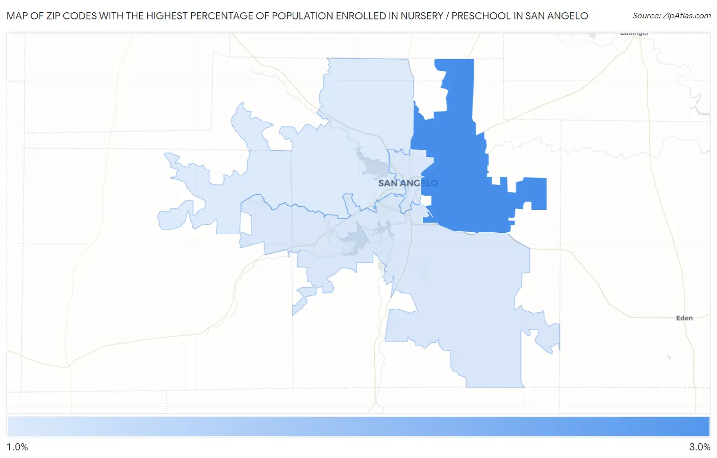 Zip Codes with the Highest Percentage of Population Enrolled in Nursery / Preschool in San Angelo Map