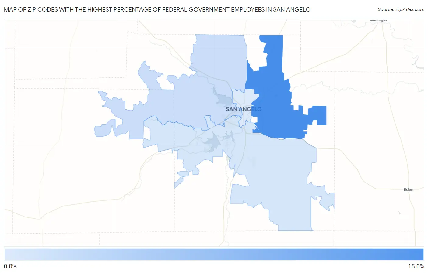 Zip Codes with the Highest Percentage of Federal Government Employees in San Angelo Map