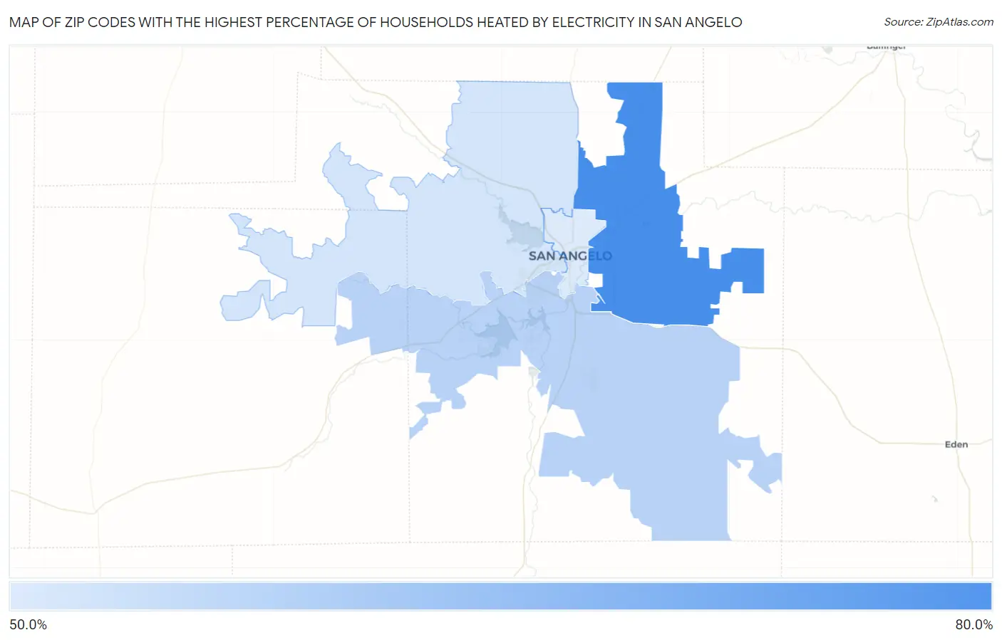 Zip Codes with the Highest Percentage of Households Heated by Electricity in San Angelo Map