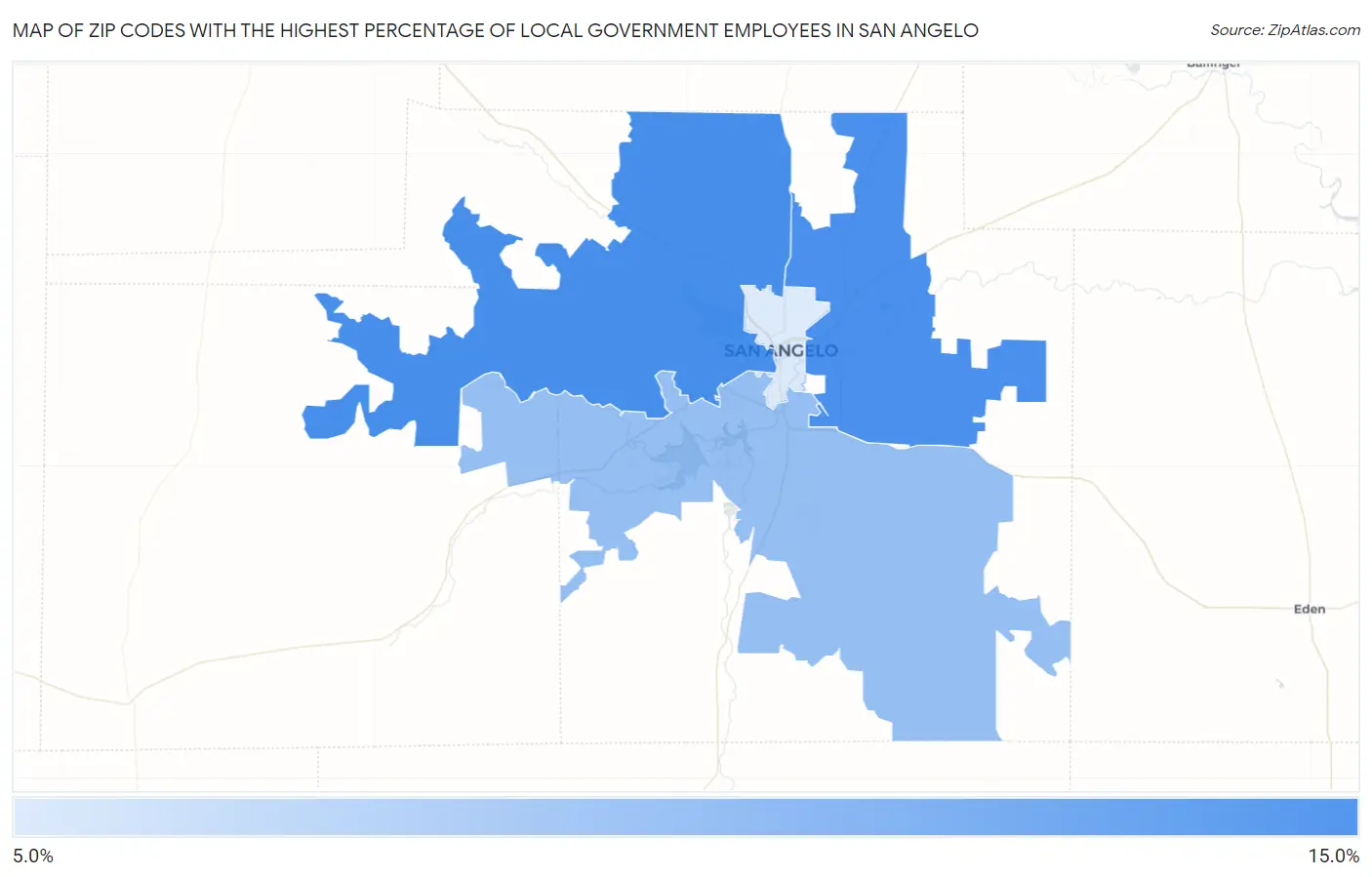 Zip Codes with the Highest Percentage of Local Government Employees in San Angelo Map