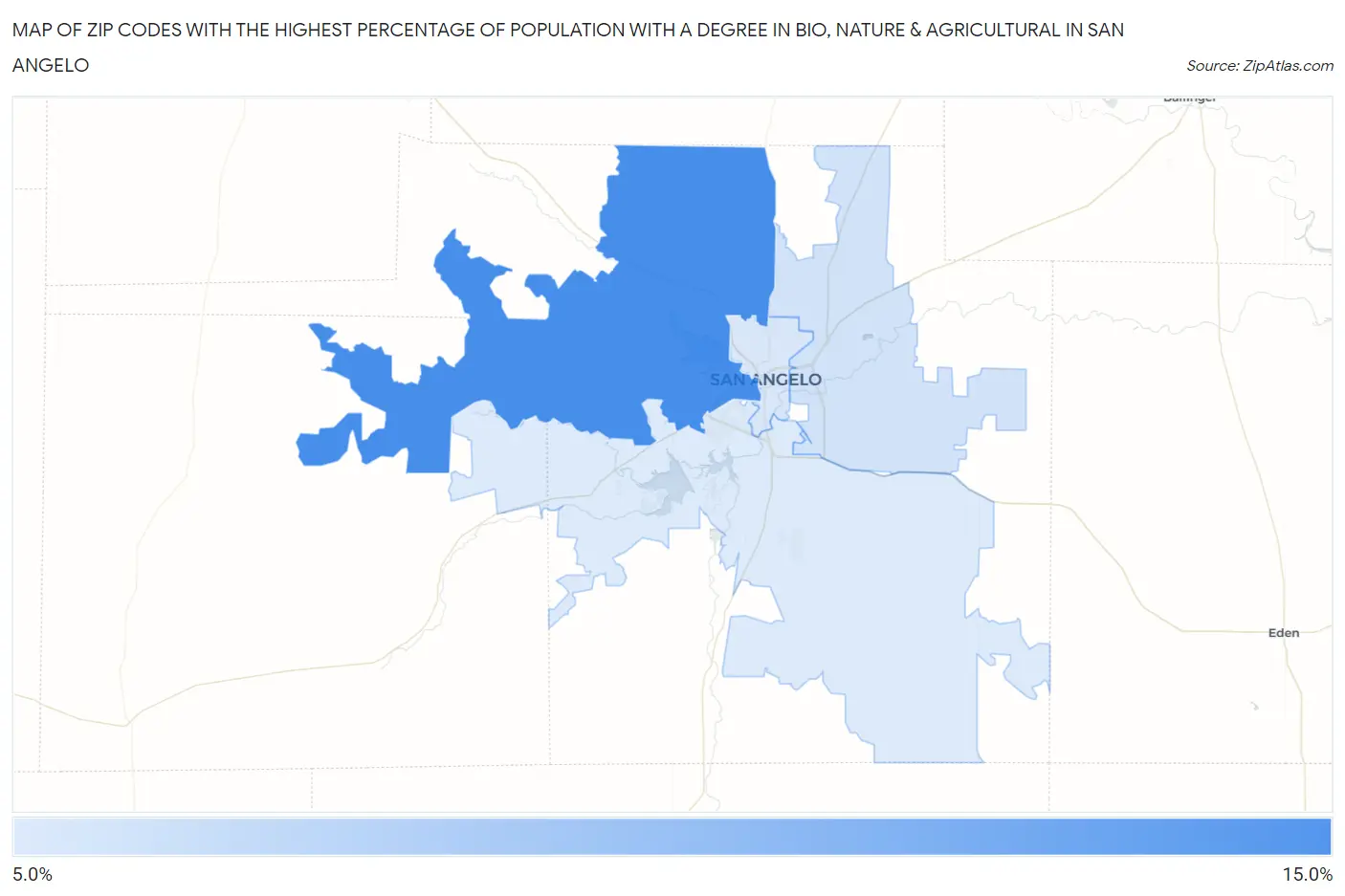 Zip Codes with the Highest Percentage of Population with a Degree in Bio, Nature & Agricultural in San Angelo Map
