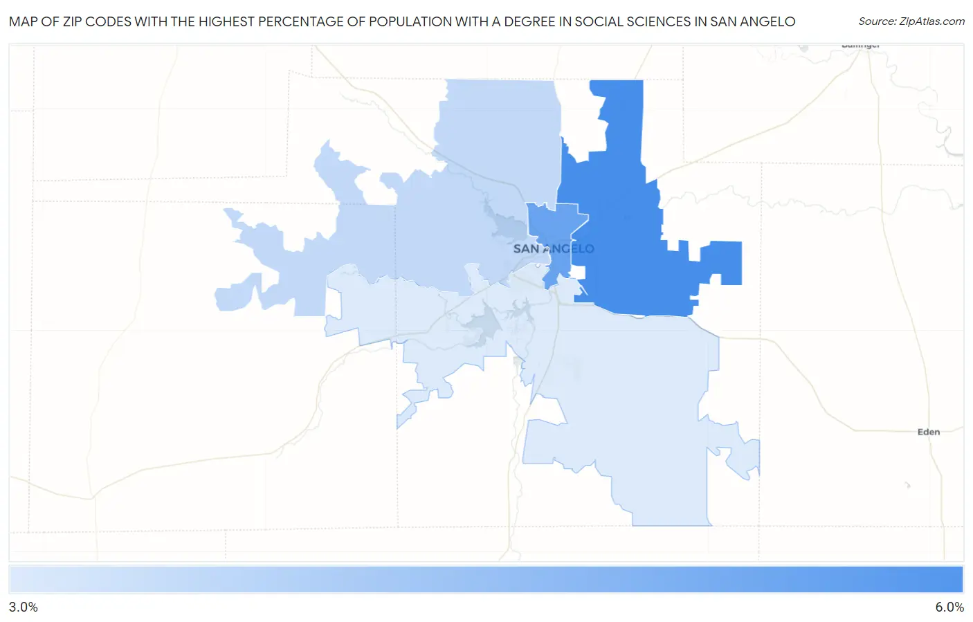 Zip Codes with the Highest Percentage of Population with a Degree in Social Sciences in San Angelo Map