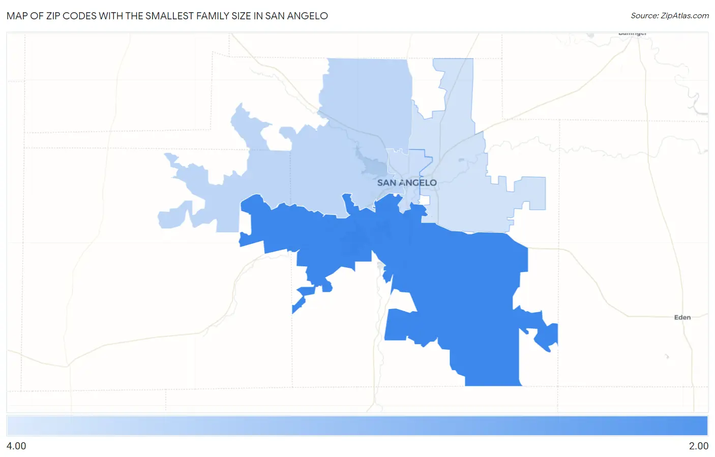 Zip Codes with the Smallest Family Size in San Angelo Map