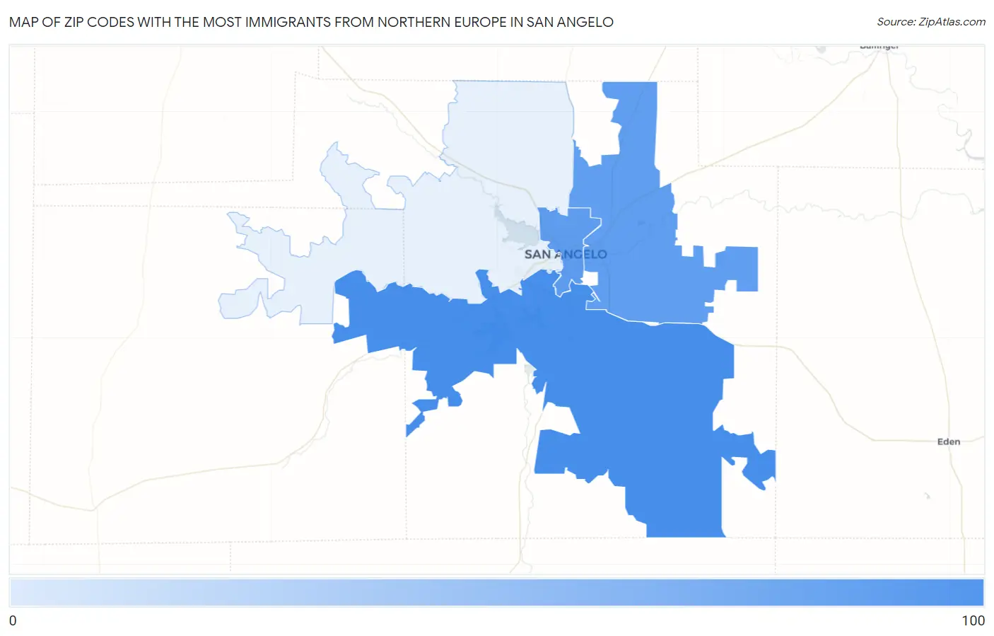 Zip Codes with the Most Immigrants from Northern Europe in San Angelo Map