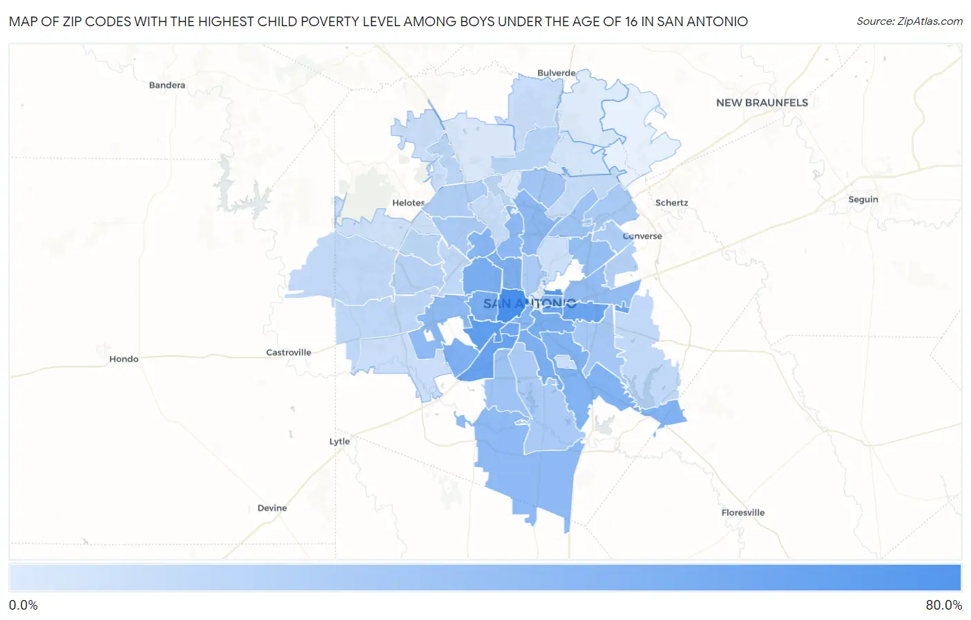 Zip Codes with the Highest Child Poverty Level Among Boys Under the Age of 16 in San Antonio Map