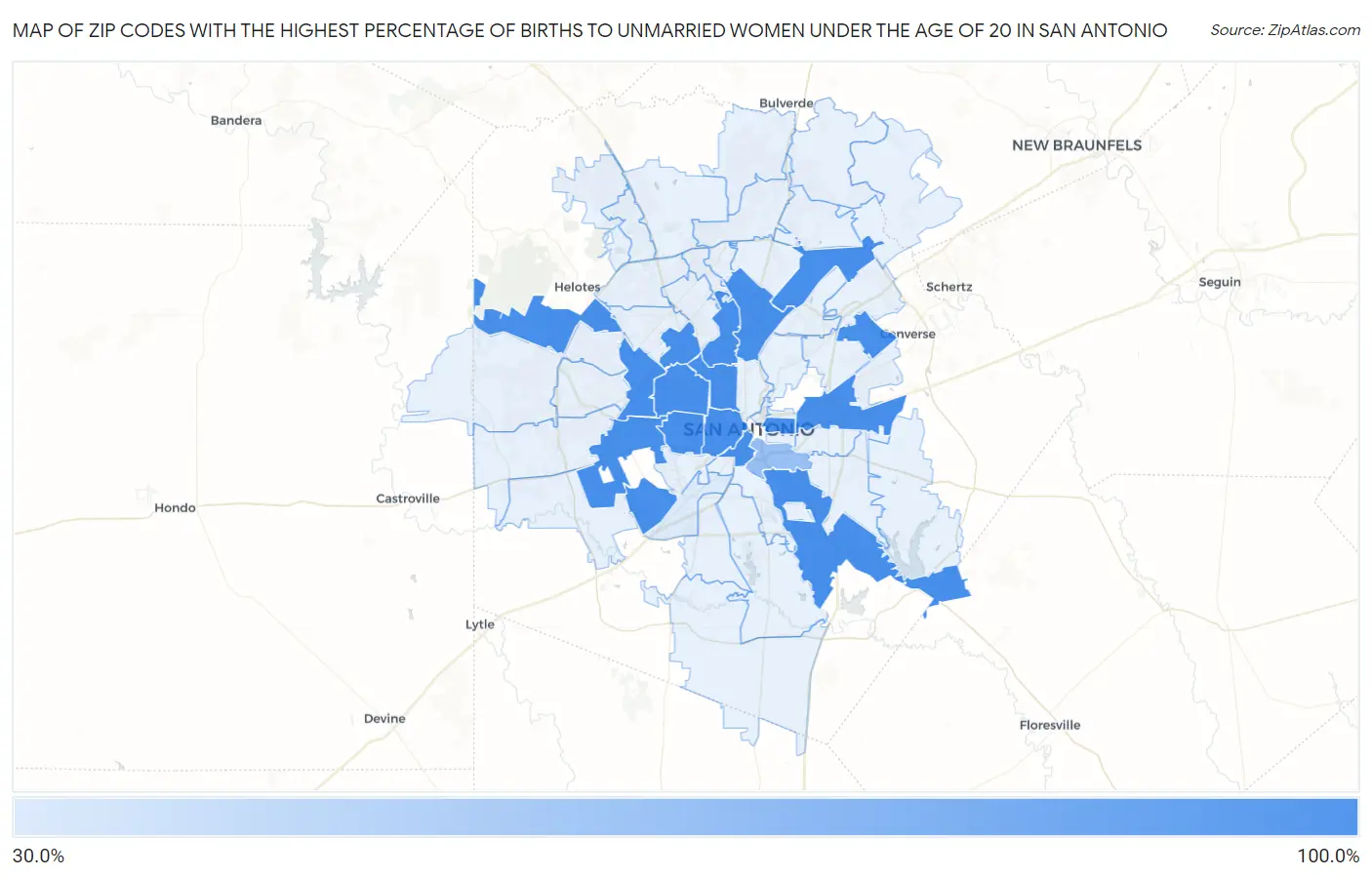 Zip Codes with the Highest Percentage of Births to Unmarried Women under the Age of 20 in San Antonio Map