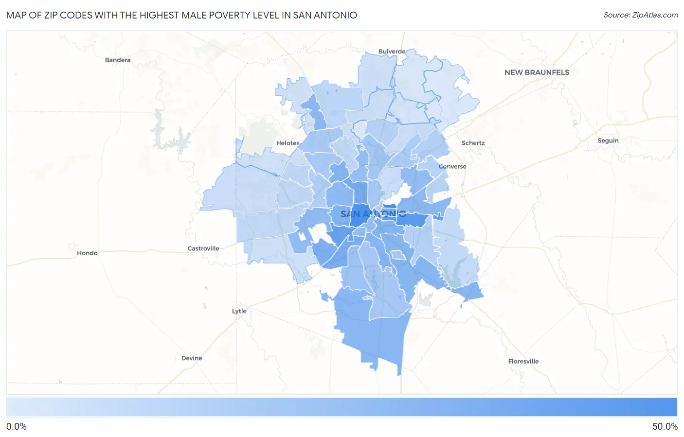Zip Codes with the Highest Male Poverty Level in San Antonio Map