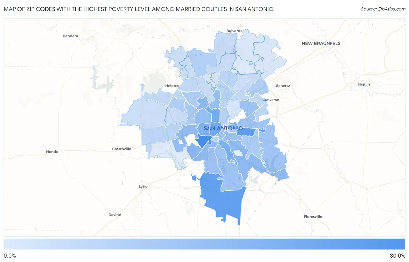Zip Codes with the Highest Poverty Level Among Married Couples in San Antonio Map
