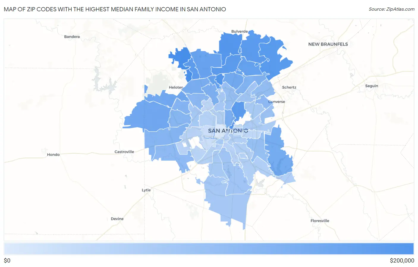 Zip Codes with the Highest Median Family Income in San Antonio Map