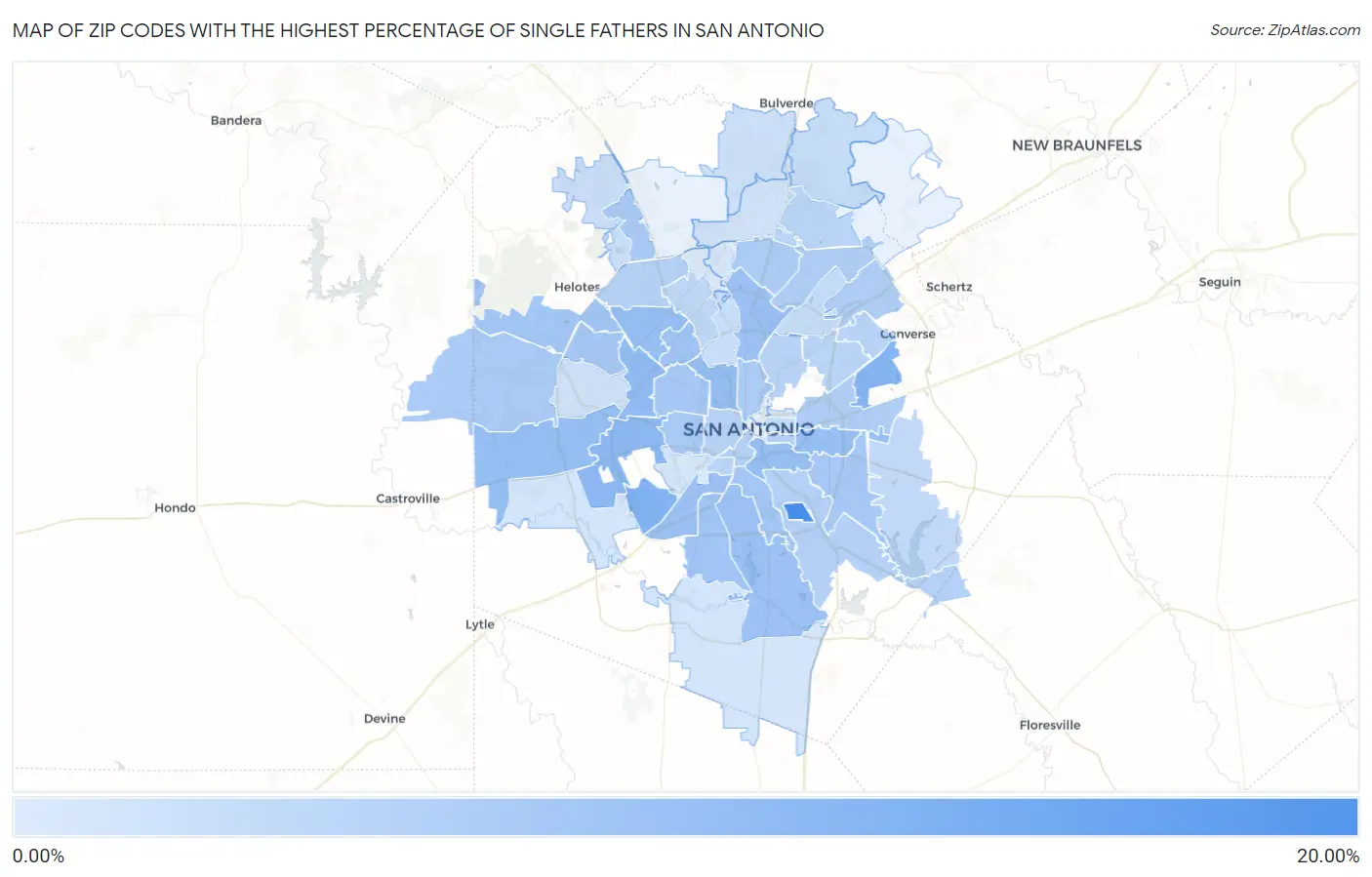Zip Codes with the Highest Percentage of Single Fathers in San Antonio Map