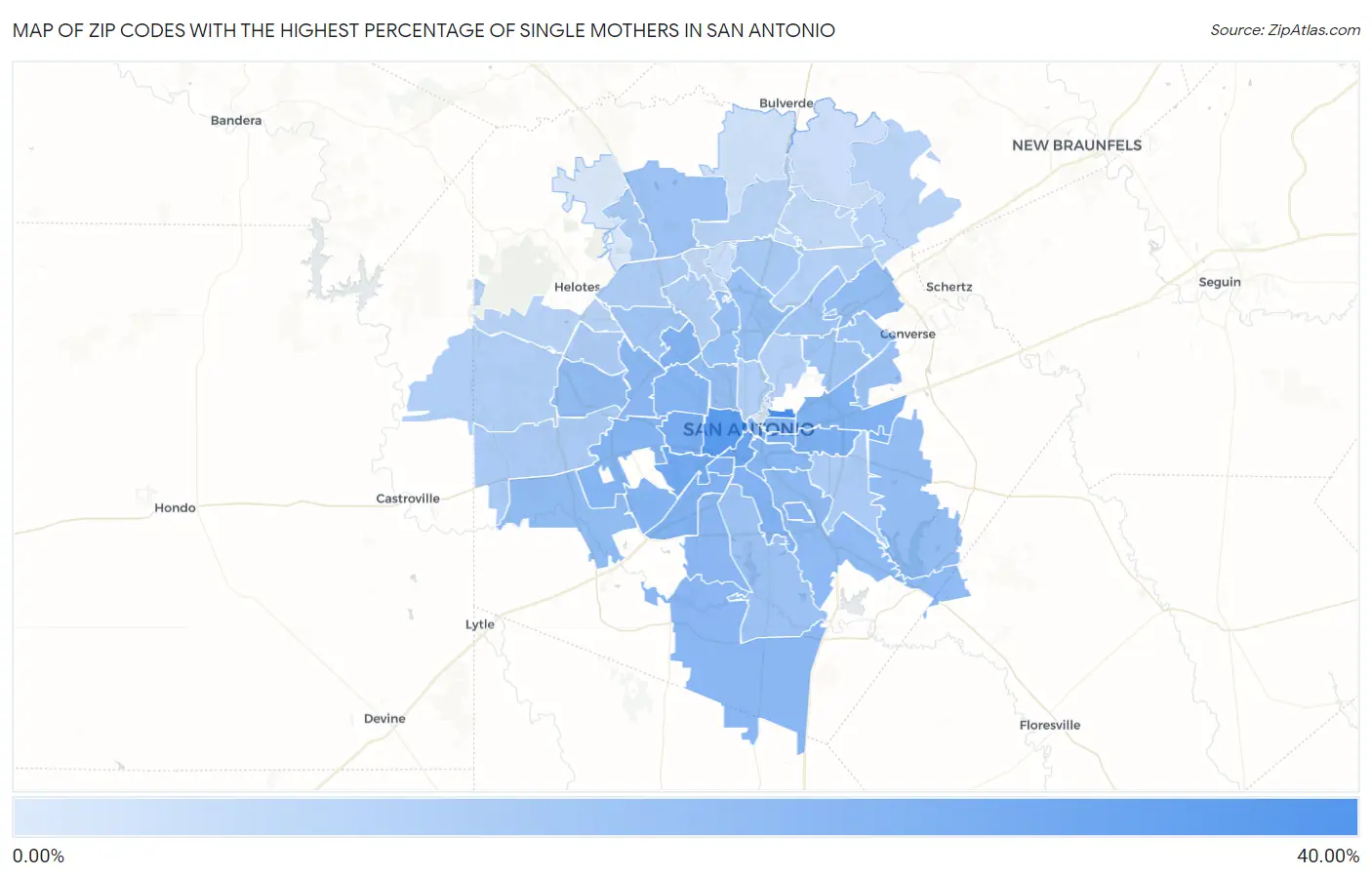 Zip Codes with the Highest Percentage of Single Mothers in San Antonio Map