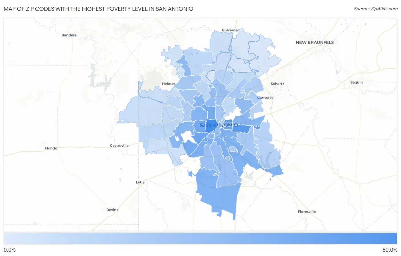 Zip Codes with the Highest Poverty Level in San Antonio Map
