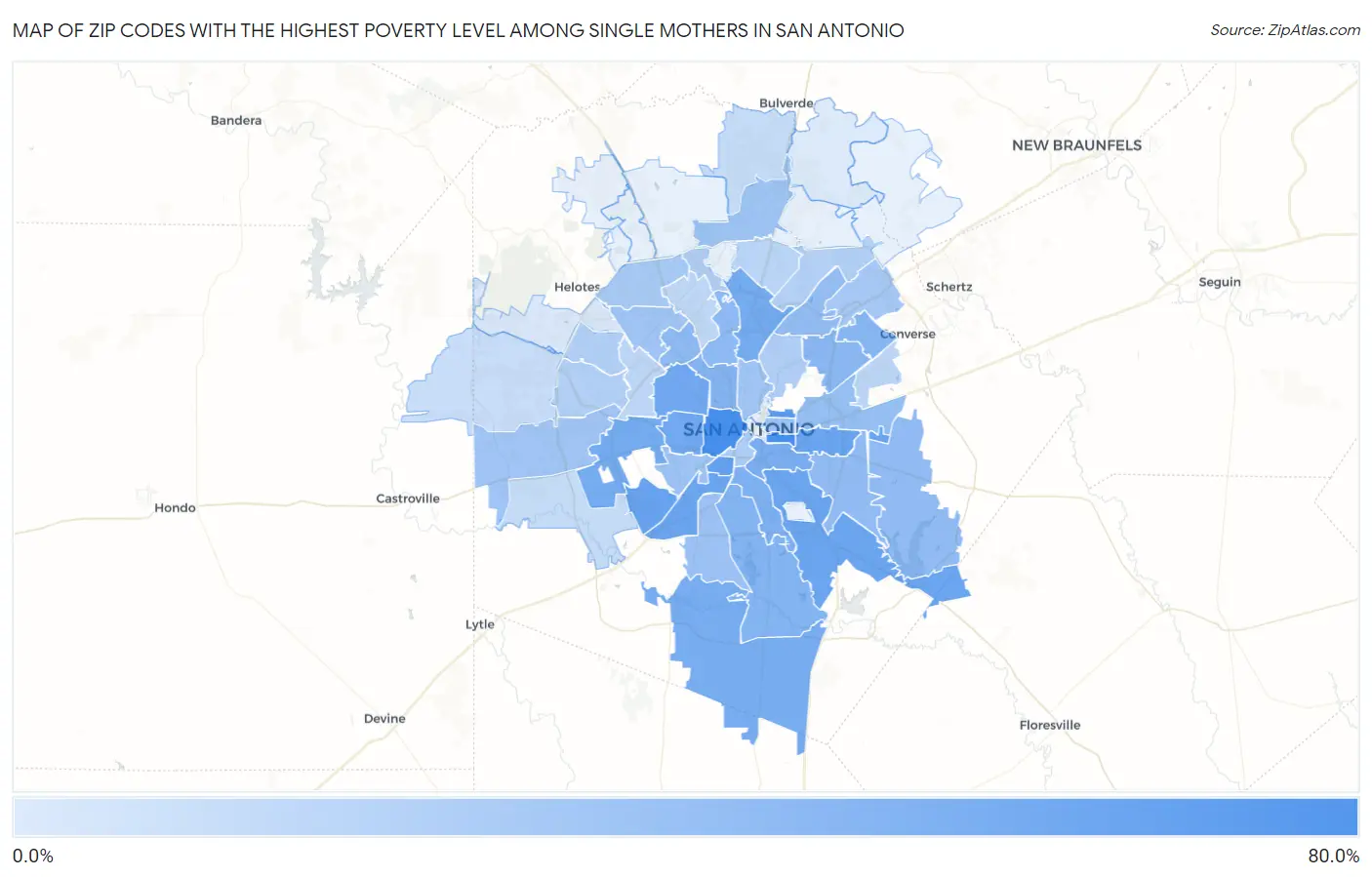 Zip Codes with the Highest Poverty Level Among Single Mothers in San Antonio Map