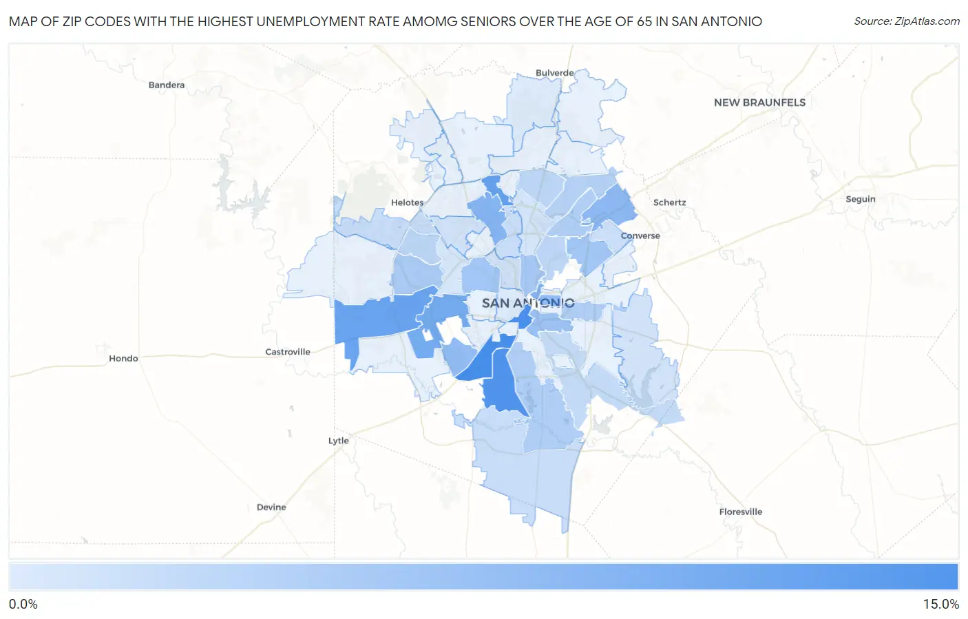 Zip Codes with the Highest Unemployment Rate Amomg Seniors Over the Age of 65 in San Antonio Map