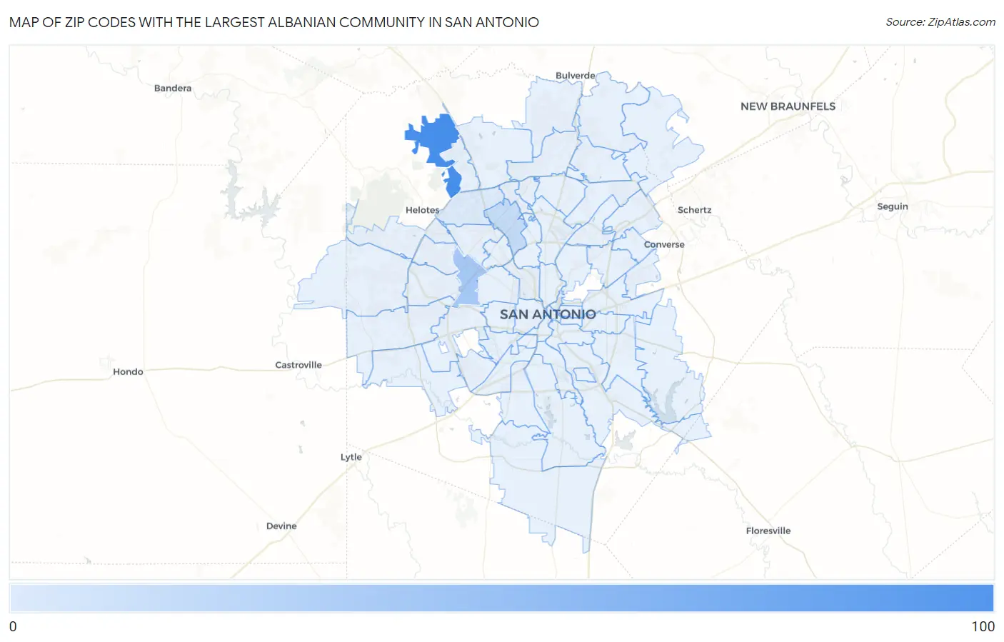 Zip Codes with the Largest Albanian Community in San Antonio Map